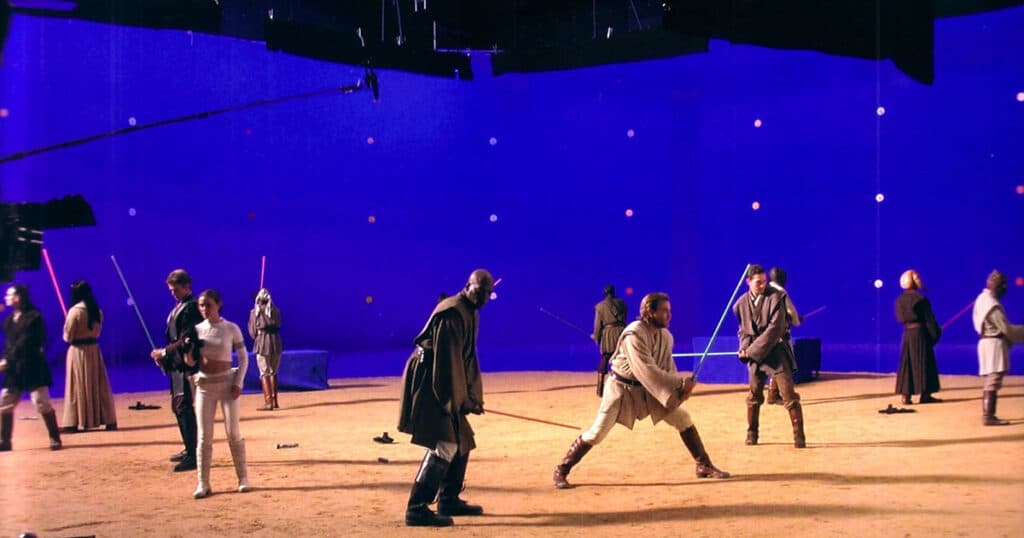 Il cast di "Star Wars - L'attacco dei cloni" durante le riprese della battaglia nell'arena.