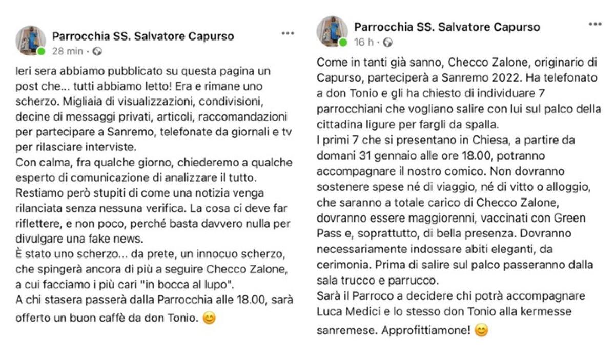 Sanremo: selezioni in chiesa per Zalone, 'scherzo da prete' - (ANSA) - BARI, 31 GEN - "È stato uno scherzo da prete, un innocuo scherzo, che spingerà ancora di più a seguire Checco Zalone, a cui facciamo i più cari in bocca al lupo".