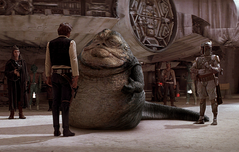 Han Solo parla con Jabba The Hutt, Boba Fett assiste alla scena