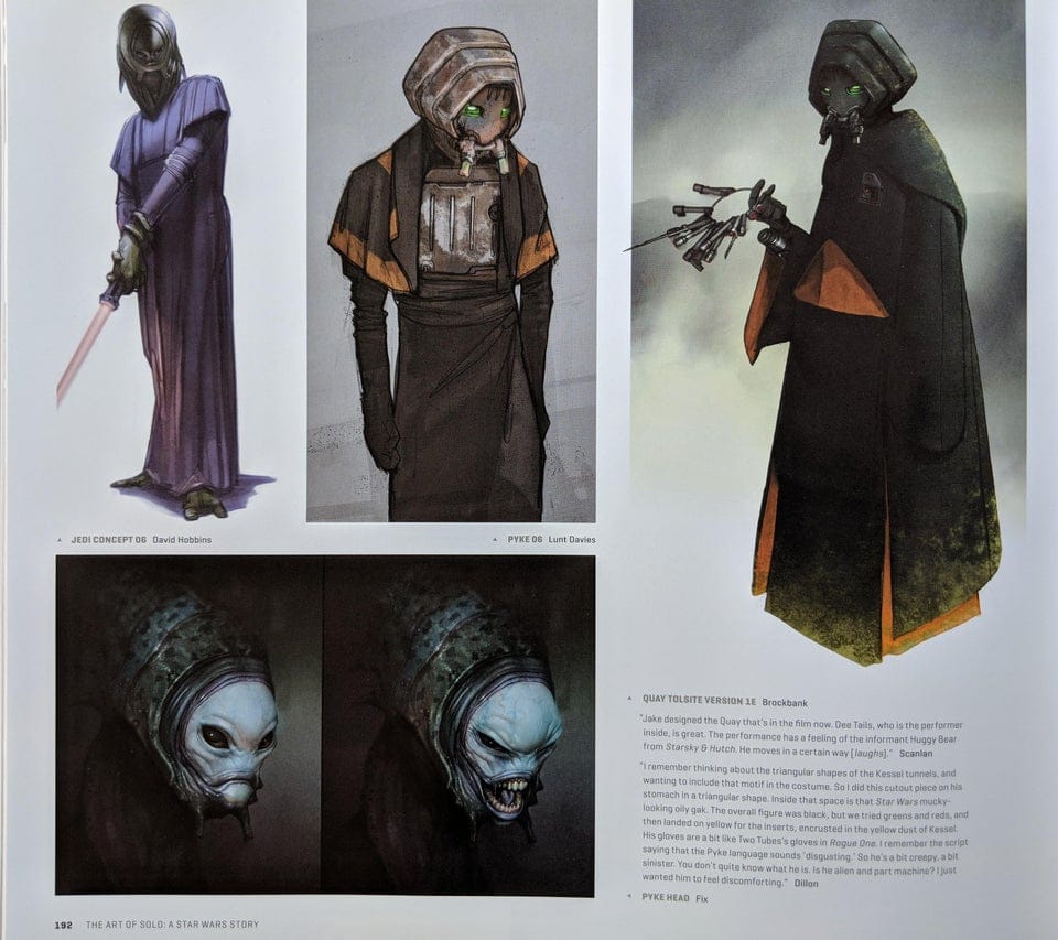 In alto a sinistra il primo schizzo di David Hobbins per un personaggio Jedi; al centro e a destra i due concept art di Adam Brockbank e Jake Lunt Davies per Solo.