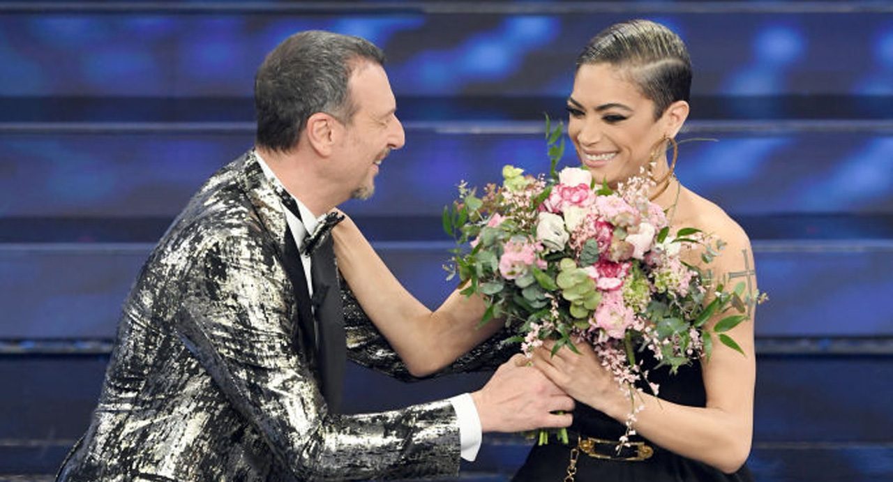 SANREMO, ITALY - FEBRUARY 07: Elodie and Amadeus attend the 70° Festival di Sanremo (Sanremo Music Festival) at Teatro Ariston on February 07, 2020 in Sanremo, Italy. (Photo by Daniele Venturelli/Daniele Venturelli/Getty Images )