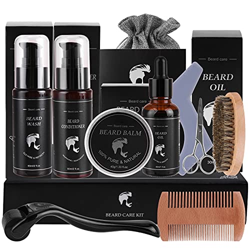 Kit Barba per Uomo, Set Barba Uomo con Olio Barba, Balsamo Barba, Shampoo Barba, Condizionatore Barba, Spazzola, Pettine, Forbici, Modello Barba, Borsa di Stoccaggio (10 in 1)