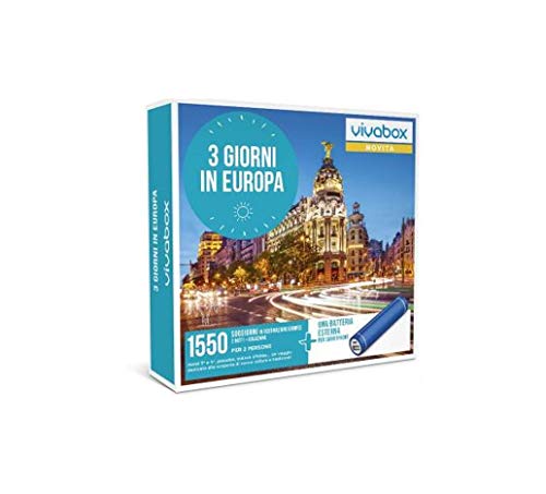 Vivabox - Cofanetto Regalo - 3 Giorni in Europa - 1550 Soggiorni in Hotel 3*, 4* - 1 Batteria Esterna per Smartphone - Cofanetto Regalo per Coppia