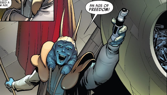 Mas Amedda impugna la spada laser di Yoda.
