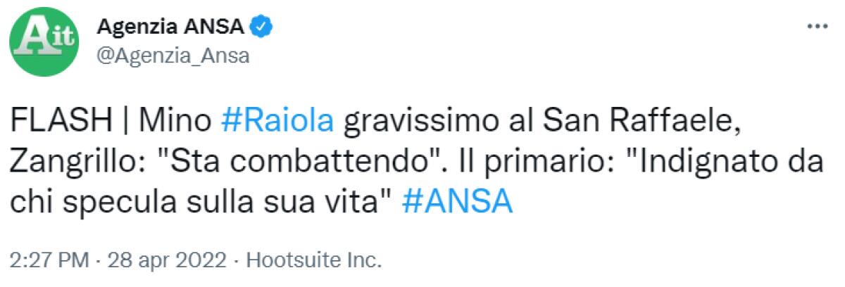 ANSA - Raiola gravissimo. Zangrillo: "Sta combattendo" - Immagine in evidenza: il tweet dell'ANSA che smentisce la morte di Mino Raiola