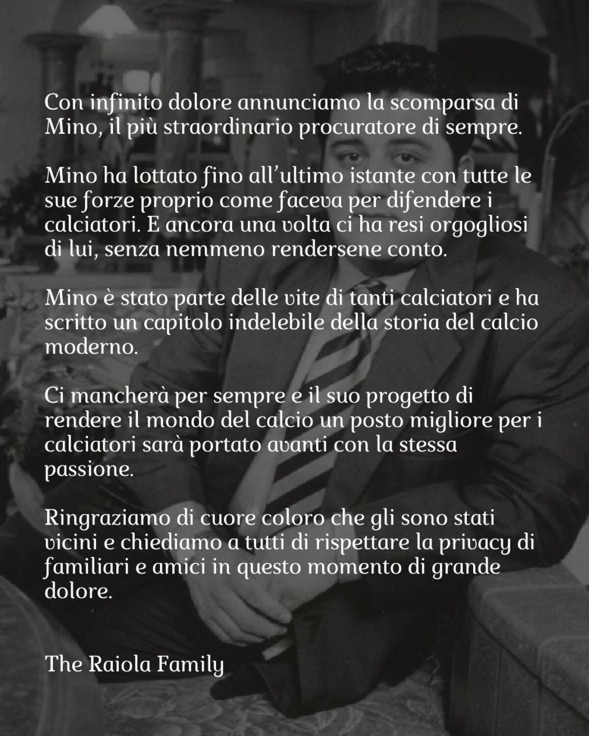 Mondo del calcio in lutto, addio a Mino Raiola - Immagine in evidenza: il messaggio della famiglia Raiola - crediti foto: profilo ufficiale Twitter Mino Raiola