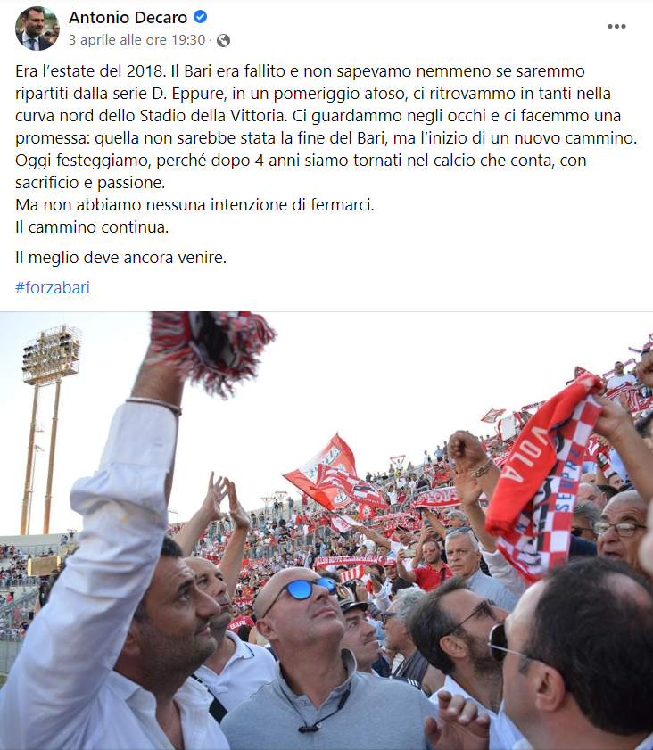 Il post del sindaco di Bari, Antonio Decaro, sulla propria pagina Facebook ufficiale