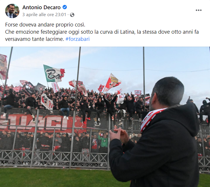 Il post del sindaco di Bari, Antonio Decaro, sulla propria pagina Facebook ufficiale