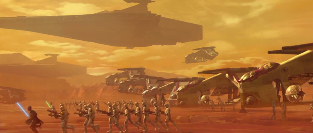 L'esercito dei cloni scende sul desertico Geonosis.Fonte: wookieepedia