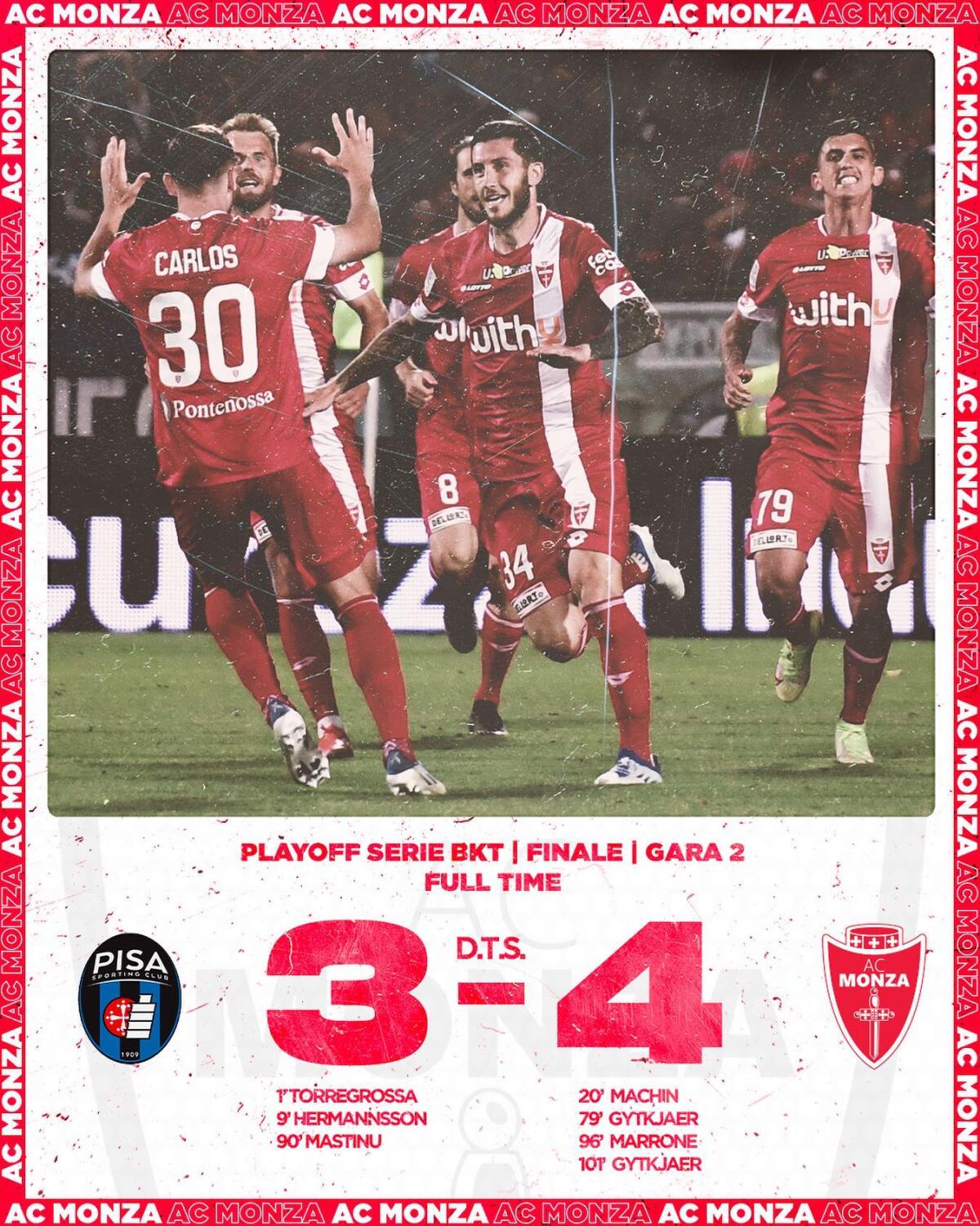 Il Monza di Stroppa vola in Serie A! Pisa KO - Immagine in evidenza: Monza promosso in Serie A - crediti foto: pagina ufficiale Facebook AC Monza