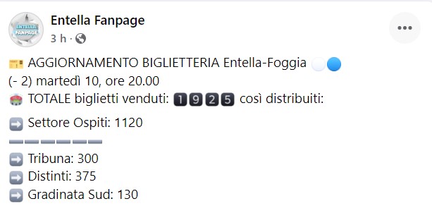 I dati sulla biglietteria per Virtus Entella-Foggia (screenshot dalla pagina Facebook Entella Fanpage)
