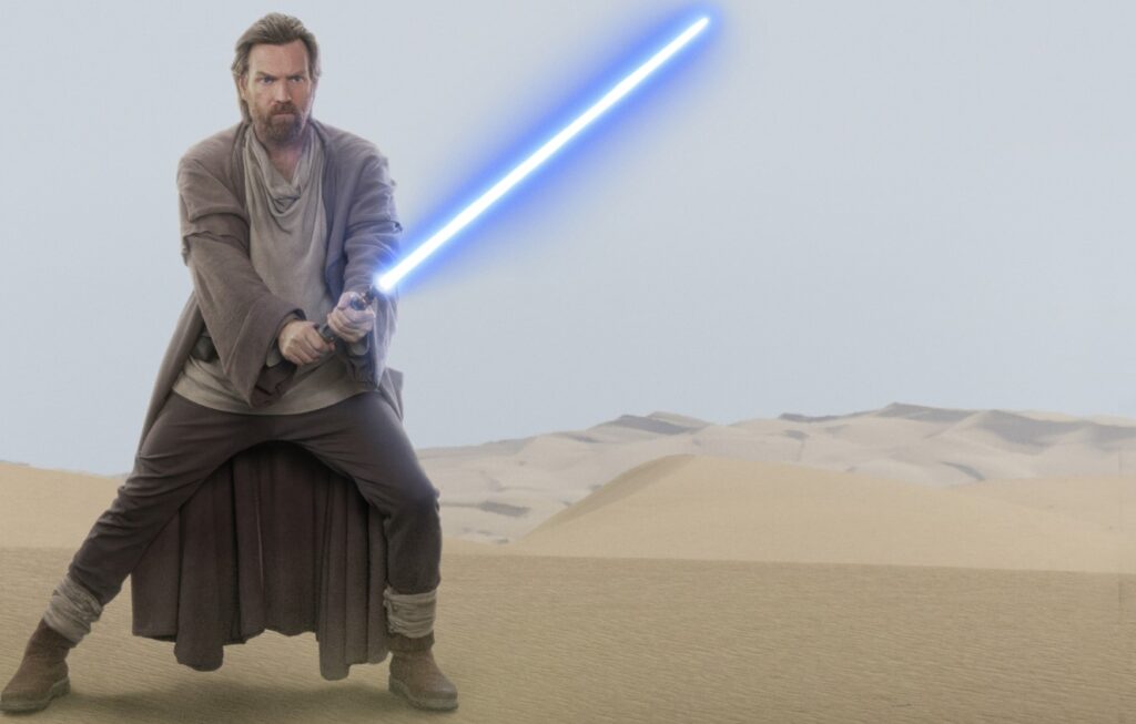 Obi-Wan Kenobi mentre impugna la spada laser