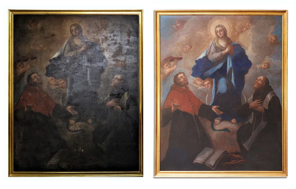 L’opera, di sicura committenza francescana, rappresenta l’Immacolata Concezione tra due grandi francescani, a destra è il beato Andrea Conti, a sinistra S. Bonaventura di Bagnoregio. Prima e dopo il restauro