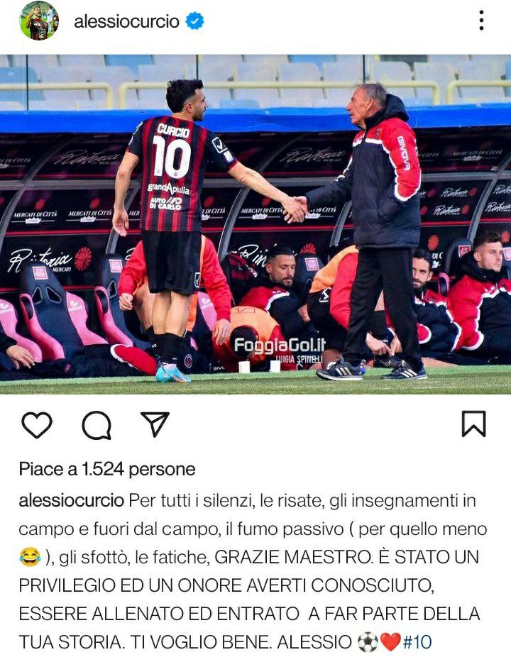 Immagine in evidenza: il post su Instagram con cui Alessio Curcio ha salutato Zdeněk Zeman (dal profilo ufficiale del capitano del Foggia)