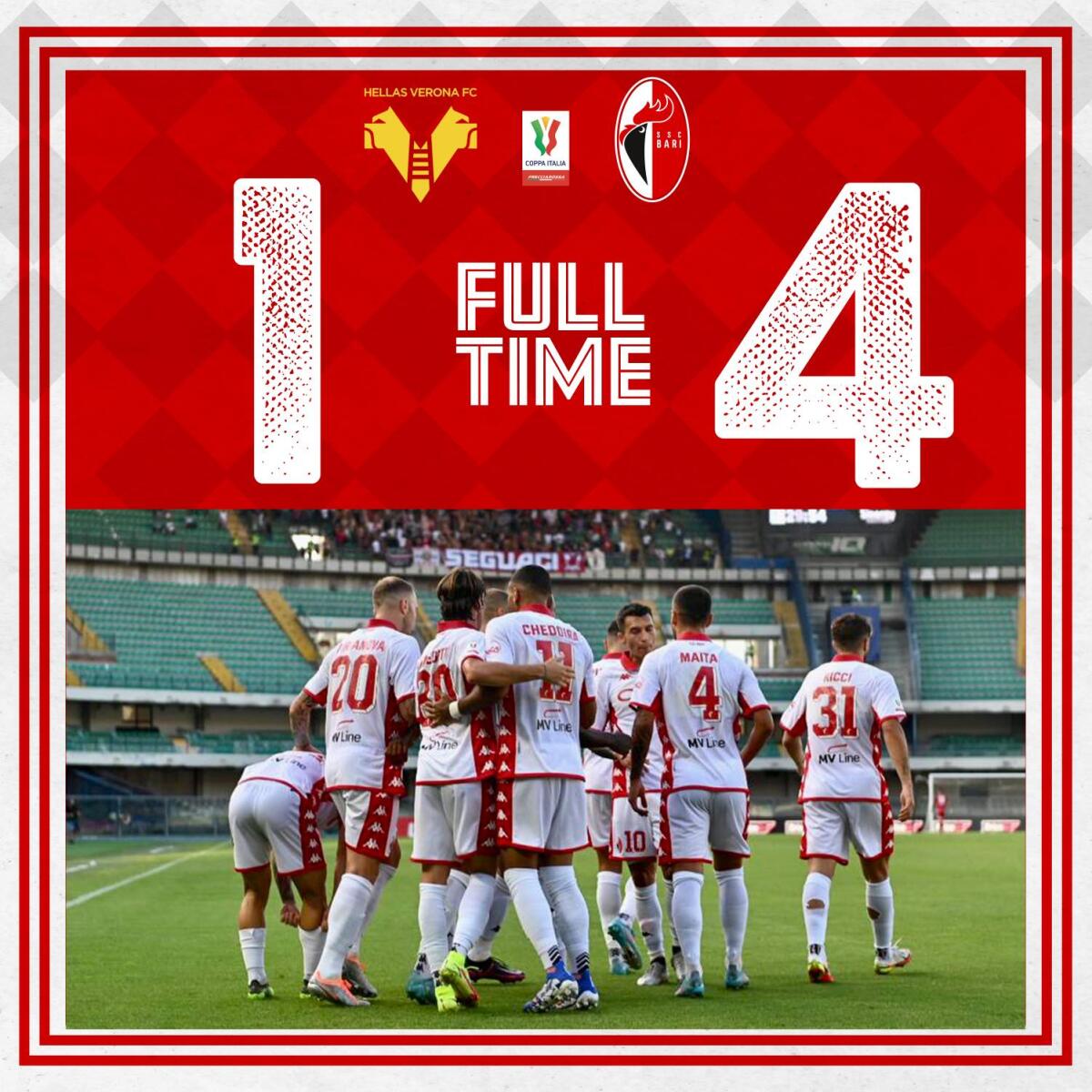 Coppa Italia, che impresa del Bari: 1-4 all'Hellas Verona - Immagine in evidenza: Hellas Verona 1-4 Bari - crediti foto: pagina ufficiale Facebook SSC Bari