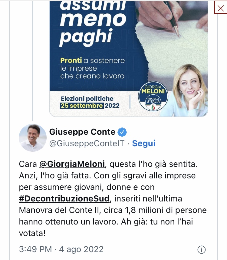 Scontro social fra Meloni e Conte su tasse, lavoro e reddito di cittadinanza