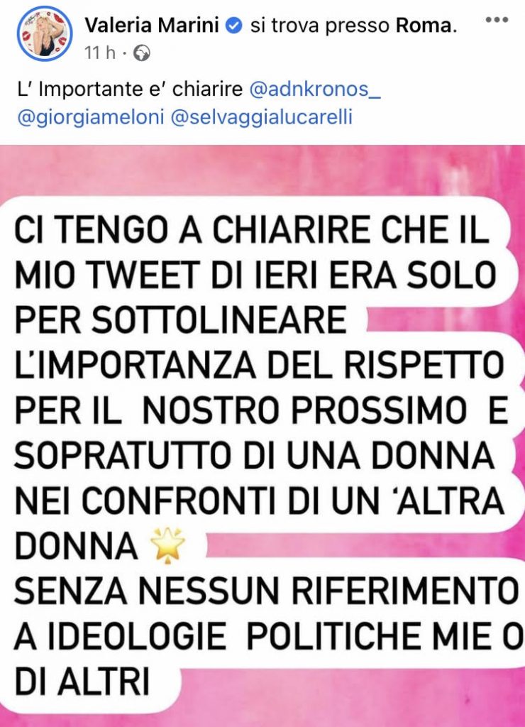 Valeria Marini a Lucarelli: “Impara da Giorgia Meloni”. La replica di Selvaggia
