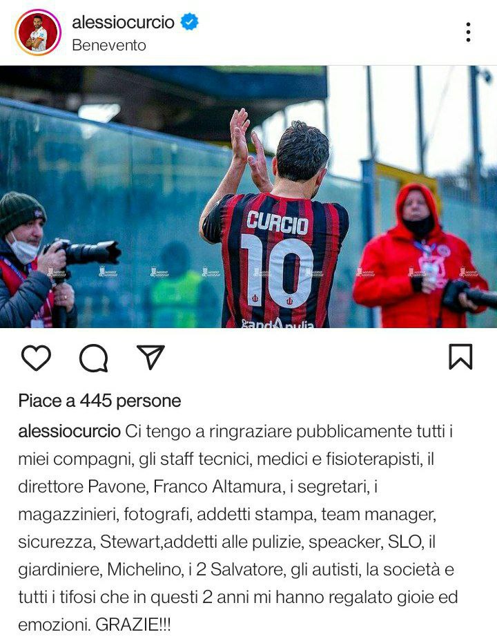 Immagine in evidenza: il post Instagram di Alessio Curcio