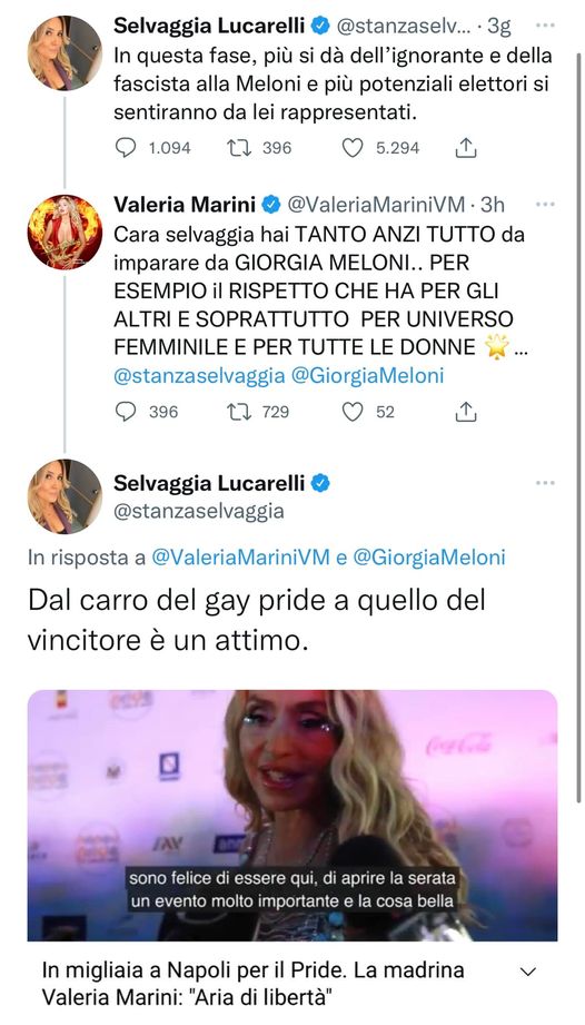 Valeria Marini a Lucarelli: “Impara da Giorgia Meloni”. La replica di Selvaggia