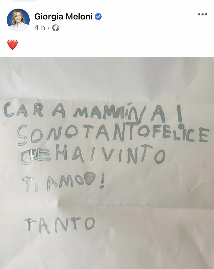 Tenerezza fra Giorgia Meloni e la figlia che le scrive: "Felice che hai vinto”