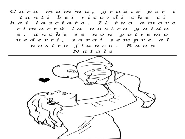 Cara mamma, grazie per i tanti bei ricordi che ci hai lasciato. Il tuo amore rimarrà la nostra guida e, anche se non potremo vederti, sarai sempre al nostro fianco. Buon Natale