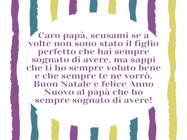 Caro papà, scusami se a volte non sono stato il figlio perfetto che hai sempre sognato di avere, ma sappi che ti ho sempre voluto bene e che sempre te ne vorrò. Buon Natale e felice Anno Nuovo al papà che ho sempre sognato di avere!