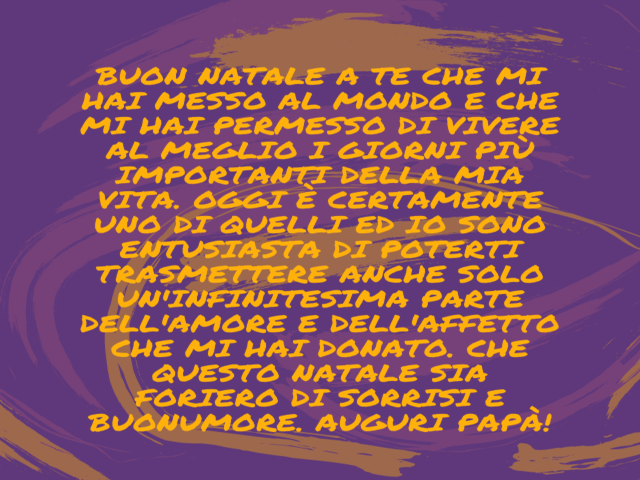Buon Natale a te che mi hai messo al mondo e che mi hai permesso di vivere al meglio i giorni più importanti della mia vita. Oggi è certamente uno di quelli ed io sono entusiasta di poterti trasmettere anche solo un'infinitesima parte dell'amore e dell'af