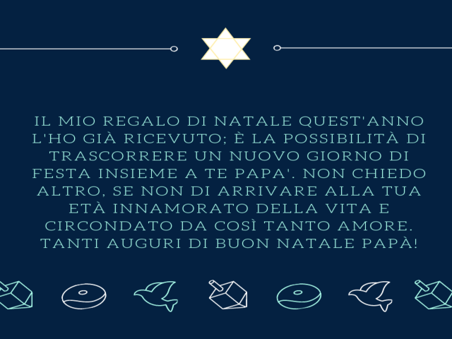 Il mio regalo di Natale quest'anno l'ho già ricevuto; è la possibilità di trascorrere un nuovo giorno di festa insieme a te papa'. Non chiedo altro, se non di arrivare alla tua età innamorato della vita e circondato da così tanto amore. Tanti auguri di bu