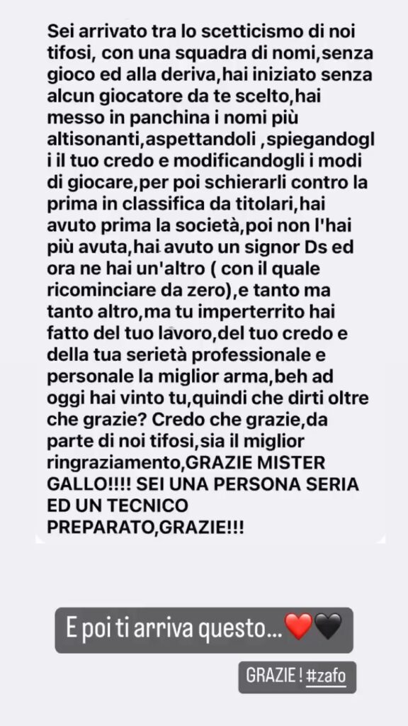 Immagine in evidenza: attestati di stima sui social per mister Fabio Gallo (dalle Instagram Stories del tecnico del Foggia)