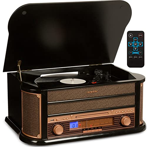 AUNA Belle Epoque 1908: Giradischi Vintage con trasmissione a cinghia, altoparlanti stereo, USB, lettore CD, slot per cassette