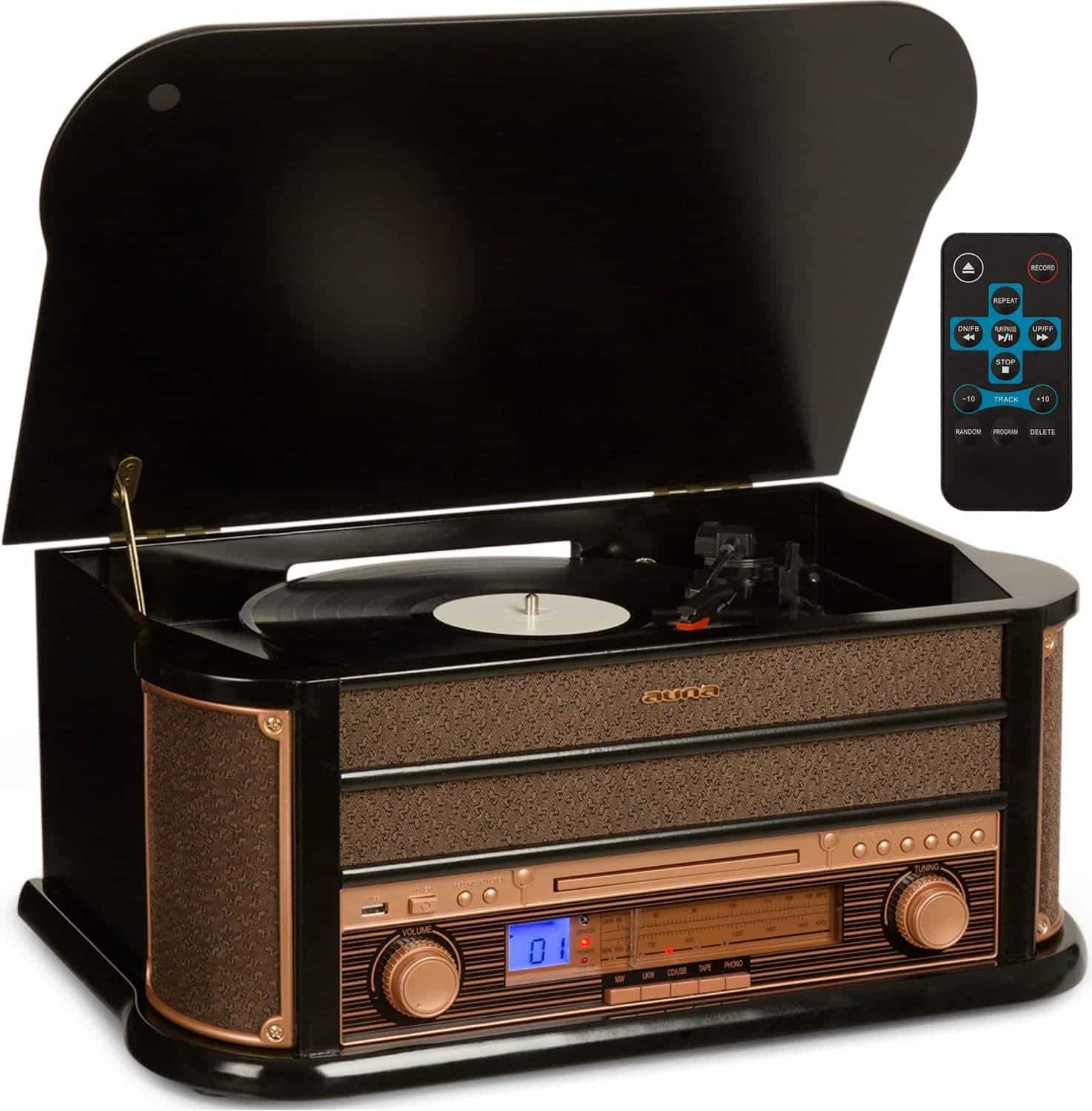 AUNA Belle Epoque 1908 - Giradischi vintage, Stereo con Trasmissione a Cinghia, Altoparlanti Stereo, USB, Lettore CD, Slot per Cassette