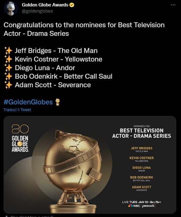 L'annuncio della nomination ai Golden Globe per Diego Luna in Andor