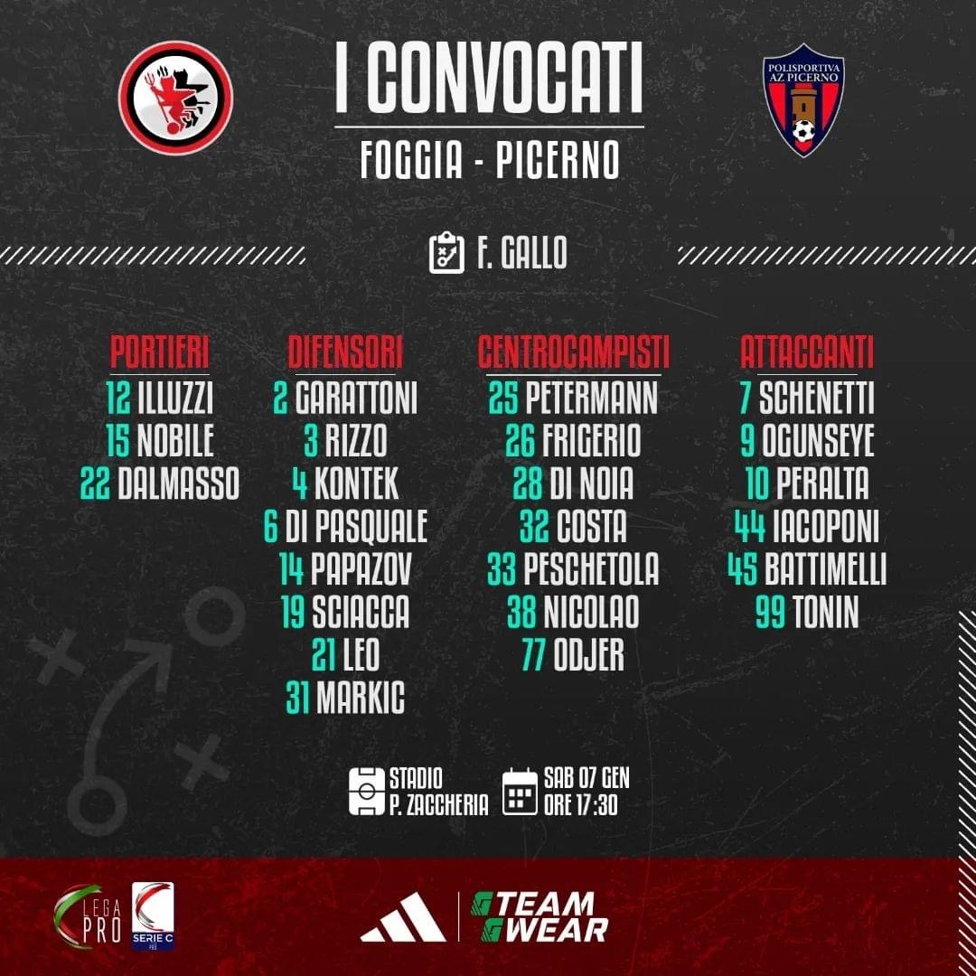 Chi sono i convocati per Foggia-Picerno? Ecco le scelte di Gallo