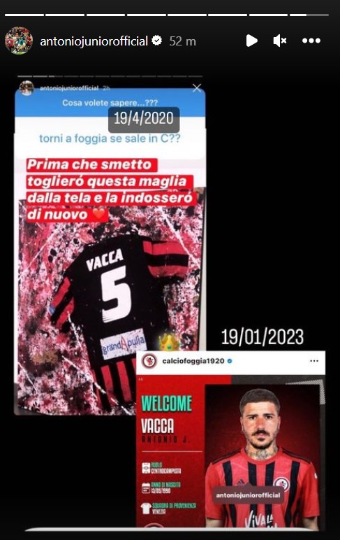 Immagine in evidenza: la storia Instagram di Antonio Junior Vacca