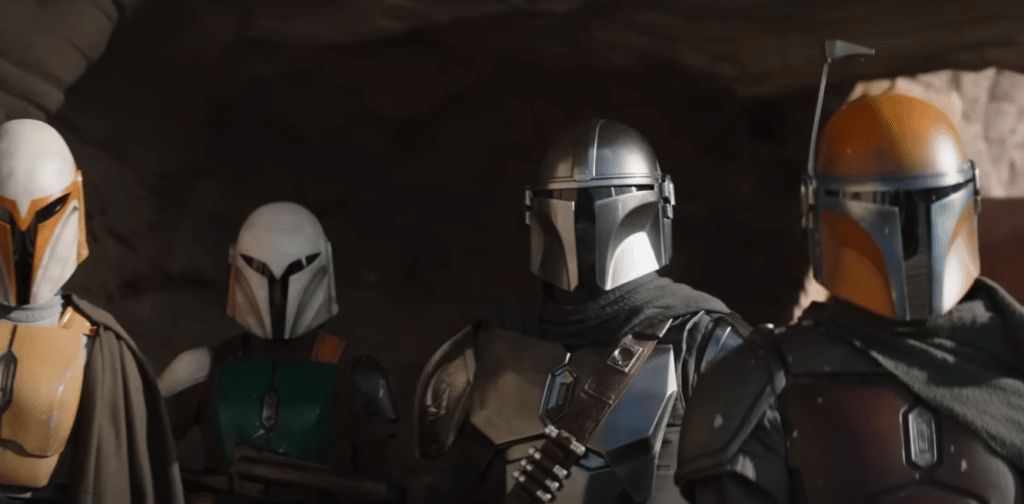 Din Djarin con altri mandaloriani all'arrivo di Carson Teva