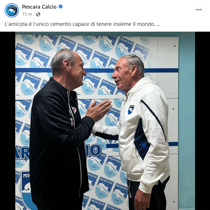 Immagine in evidenza: il saluto tra Delio Rossi e Zdeněk Zeman - crediti: post dalla pagina ufficiale Facebook del Pescara Calcio