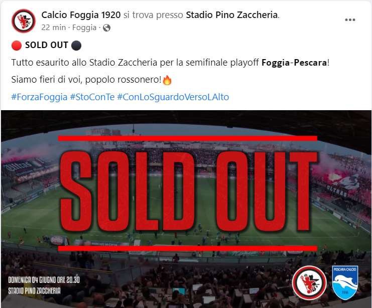 Immagine in evidenza: Zaccheria sold out per Foggia-Pescara, il post dalla pagina ufficiale Facebook del Calcio Foggia 1920