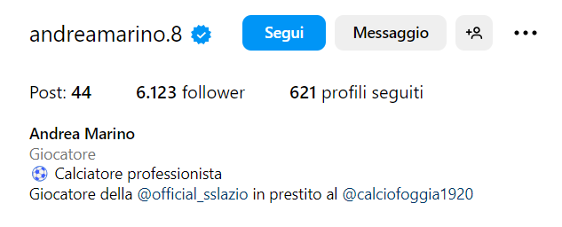 Immagine in evidenza: la biografia del profilo Instagram di Andrea Marino, nuovo calciatore del Foggia