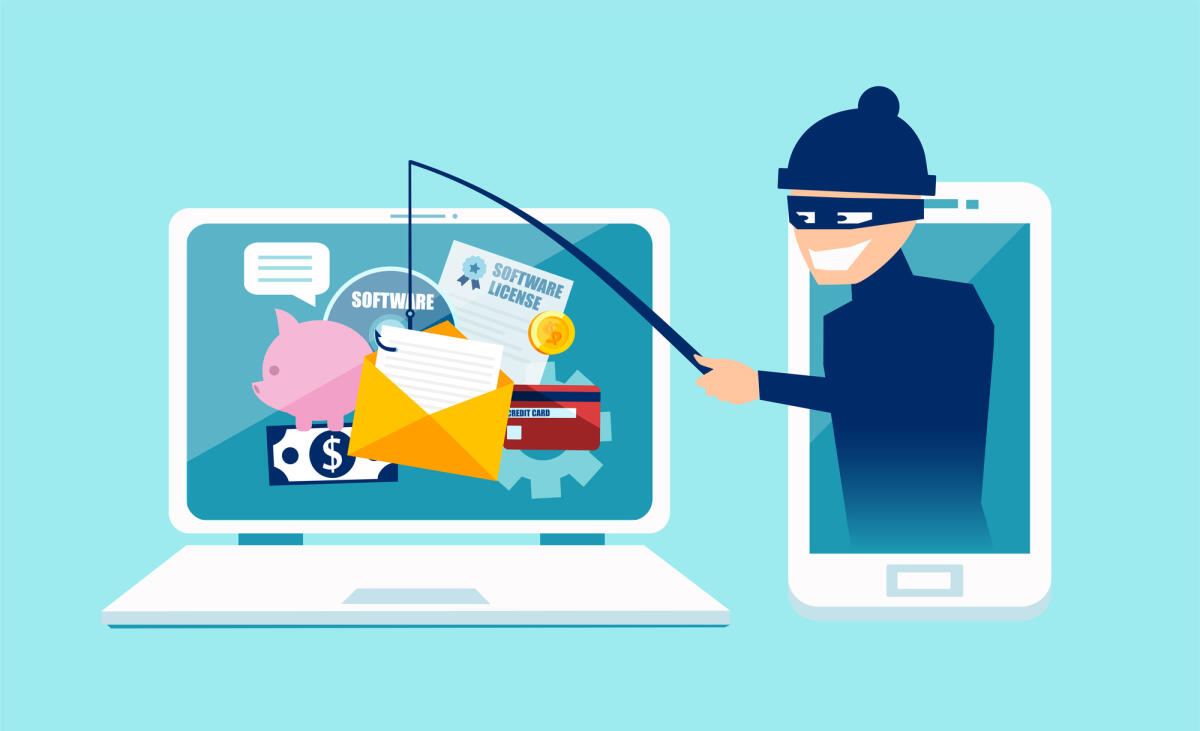 Le principali tipologie di truffe online - Login into account in email envelope and fishing for private financial account information. Vector concept of phishing scam, hacker attack and web security