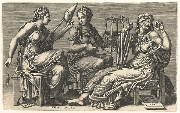 Le tre Moire: Cloto, Lachesi e Atropo, che secondo l'antico mito greco stabilivano ineluttabilmente il destino di ogni uomo.