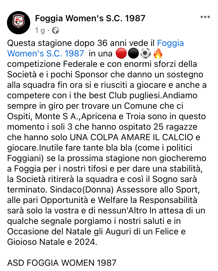 Il comunicato del Foggia Women's S.C. 1987