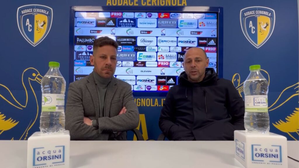 Immagine in evidenza: il Direttore Sportivo dell'Audace Cerignola, Elio Di Toro (a destra) - crediti foto: pagina ufficiale Facebook Audace Cerignola (frame da video)