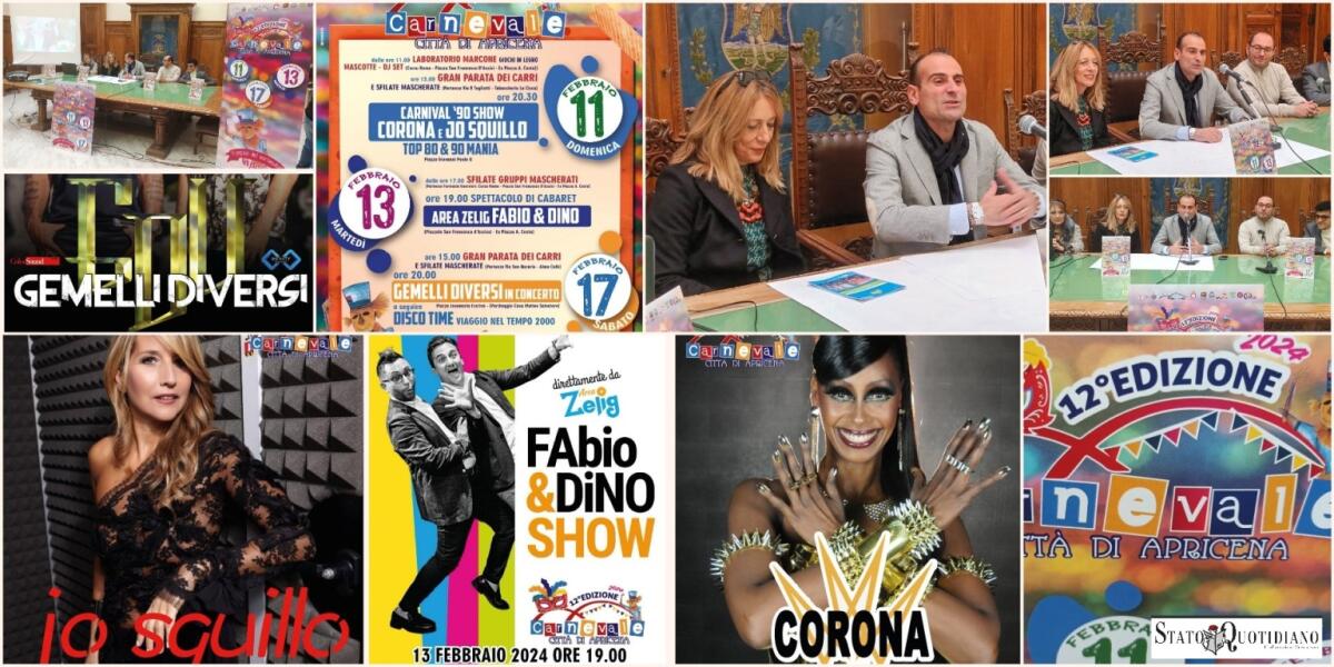 Gruppi, carri, Corona, Jo Squillo, Zelig, Top 80 & 90 mania: Carnevale di Apricena, si parte - Svoltasi stamani, 27 gennaio 2024, nella Sala della Ruota di Palazzo Dogana a Foggia presso la sede della Provincia, la conferenza stampa di presentazione del programma della 12^ edizione del “Carnevale città di Apricena che si terrà l’11, 13 e 17 fe