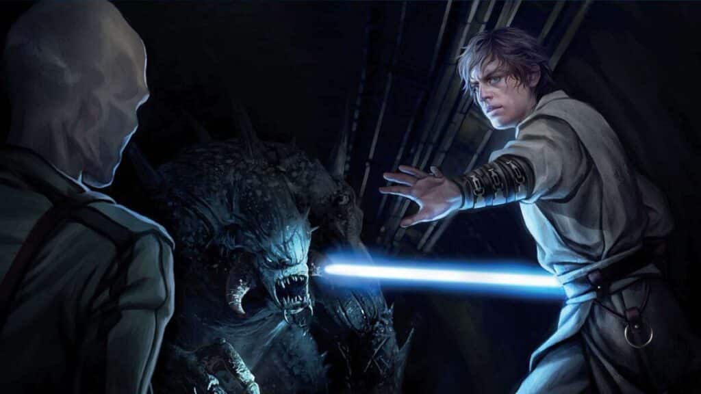 Luke protegge Drusil durante il suo salvataggio su Denon.