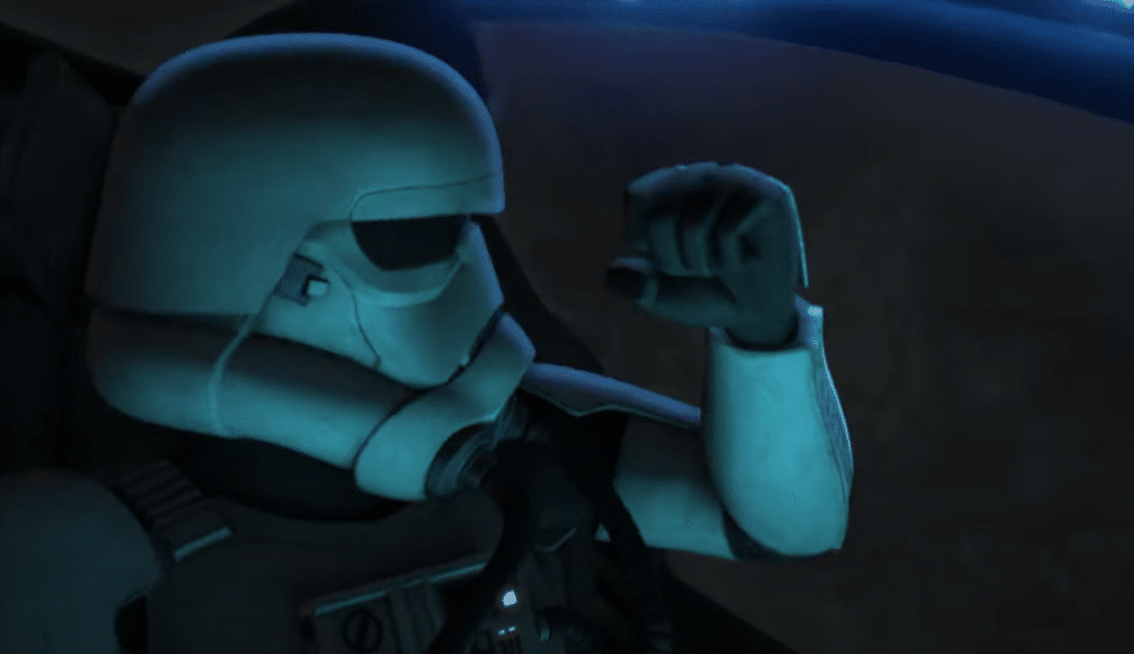 Il soldato TK che pilota la navetta prima che precipiti