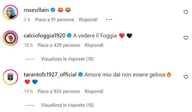Immagine in evidenza: i commenti di Taranto, Foggia e Rose Villain sotto il post Instagram di Calciatori Brutti