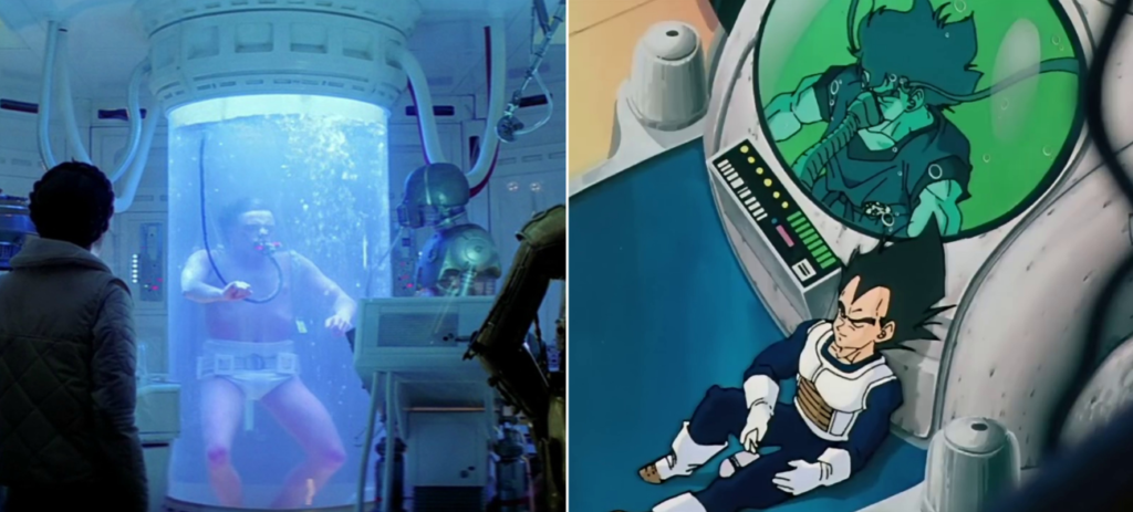 A sx il Bacta tank, a dx la sua controparte in Dragon Ball