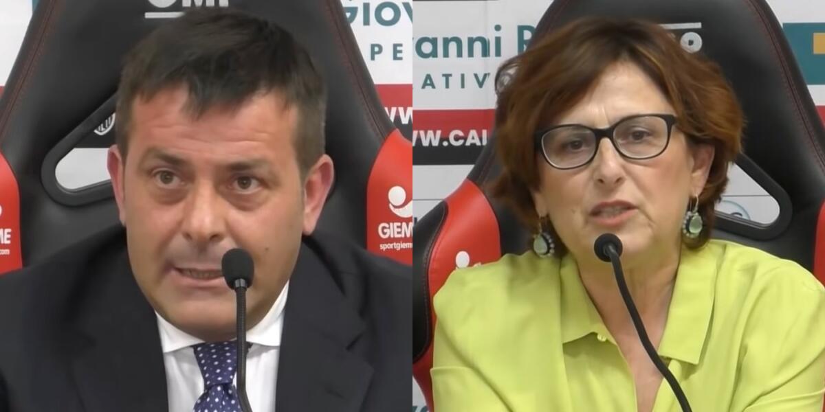 Caos societario Foggia, Pintus: "Ennesimo tentativo di..." - Immagine in evidenza: Nicola Canonico e Maria Assunta Pintus - crediti foto: canale ufficiale YouTube Calcio Foggia 1920 (entrambe frame da video)