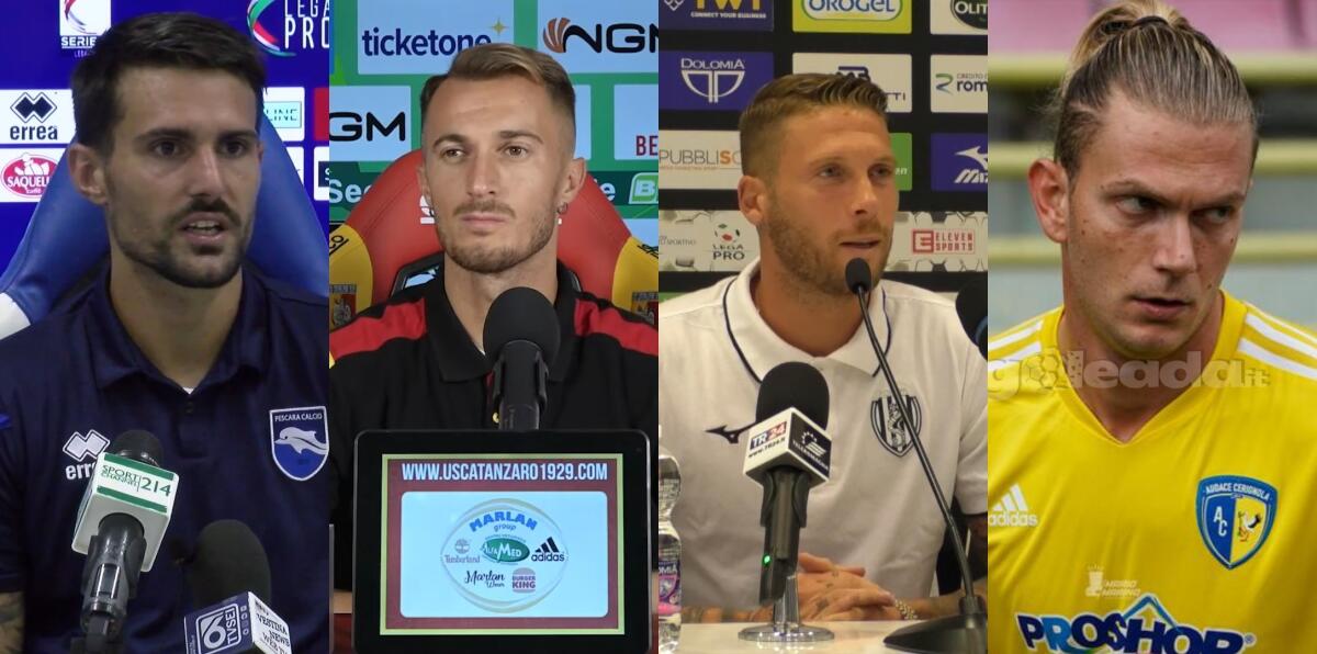 Foggia, aperto il casting-punta: si cerca il "collega" di Millico - Immagine in evidenza: Facundo Lescano, Alfredo Donnarumma, Salvatore Caturano e Giancarlo Malcore - crediti (rispettivamente): canali ufficiali YouTube Pescara Calcio, US Catanzaro 1929, Cesena FC e Mario Marino