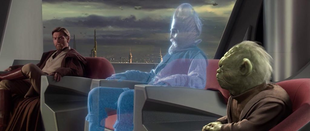 Yoda, Obi-Wan Kenobi e l'ologramma di Ki-Adi-Mundi nel Consiglio Jedi
